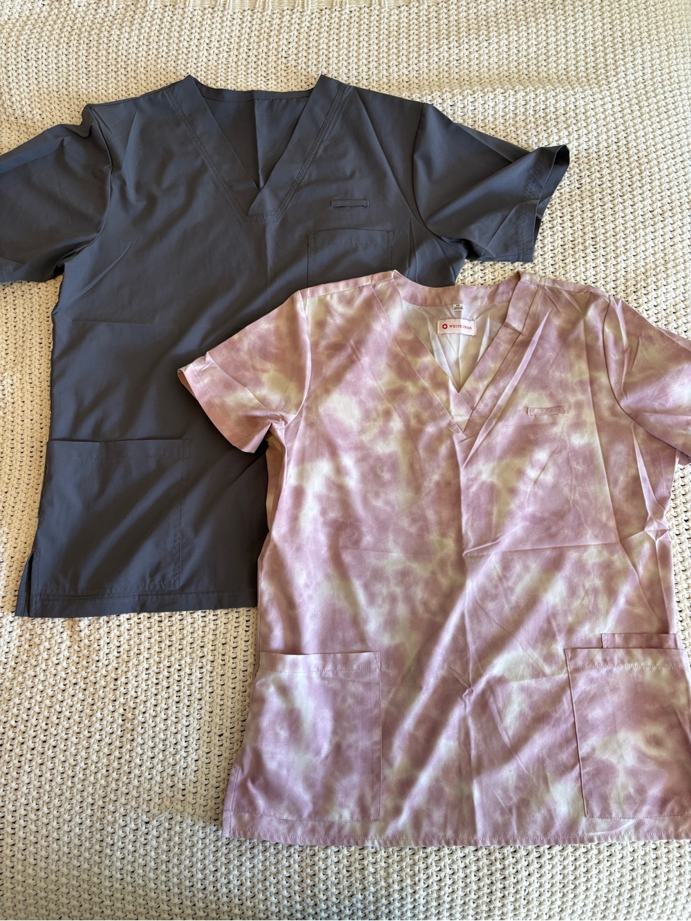 White Cross Short Sleeve Scrub Tops - Gray + Pink Tie-Dye